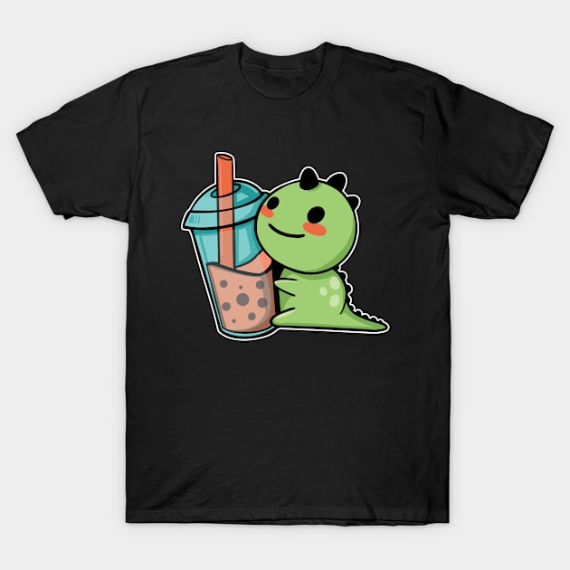 Cute Dinosaur With Boba Tea T-Shirt by OnepixArt